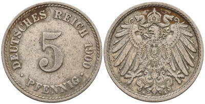 Германия 5 пфеннигов 1900 A KM 11, J. 12 медно-никель 4151-424
