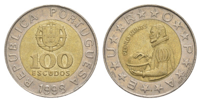 Португалия 100 эскудо 1998 Педру Нуниш (1502-1578), математик KM 645 биметалл 4391-1053