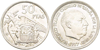 ИСПАНИЯ 50 ПЕСЕТ 1957 (59) ФРАНСИСКО ФРАНКО ДИКТАТОР ИСПАНИИ (1939-1975) KM 788 медно-никель XF+ 4517-241