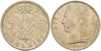 БЕЛЬГИЯ 5 ФРАНКОВ 1973 BELGIE, БОДУЭН I (1951-1993) KM 135.1 медно-никель 4546-312