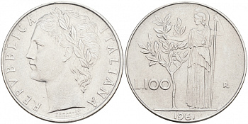 ИТАЛИЯ 100 ЛИР 1961 R АФИНА KM 96.1 сталь 3855-741