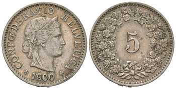 Швейцария 5 раппенов 1900 B KM 26 медно-никель 4158-1144