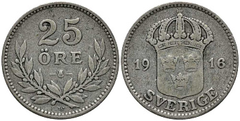 Швеция 25 эре 1916 W, Густав V (1907-1950) КМ 785 серебро 201-1048