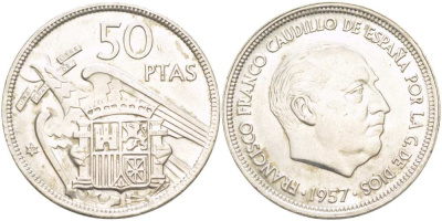 ИСПАНИЯ 50 ПЕСЕТ 1957 (59) ФРАНСИСКО ФРАНКО ДИКТАТОР ИСПАНИИ (1939-1975) KM 788 медно-никель XF+ 4517-241