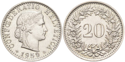 ШВЕЙЦАРИЯ 20 РАППЕНОВ 1959 В KM 29a медно-никель 55-752
