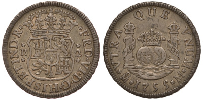 Мексика 2 реала 1755 M, монетный двор Mo (Мехико Сити), Фердинанд VI Испанский KM 86 серебро 00-000-00