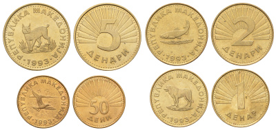 Македония набор из 4 монет (50 дени, 1, 2 и 5 денаров) 1993 KM 1, 2, 3 и 4 UNC 216-341-343