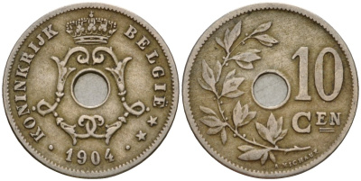 Бельгия 10 сантимов 1904 Belgie KM 53 медно-никель 4543-434