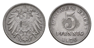 Германия 5 пфеннигов 1920 G KM 19, J. 297 железо плакированная цинком 4636-348