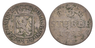 Юлих-Берг 3 штюбера 1793 год-тип KM 216, Schon 104, Noss Be 1000 серебро 650-1531