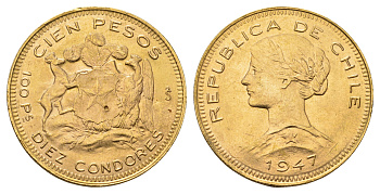 Чили 100 песо 1947  KM 175 золото  UNC  10-016-06