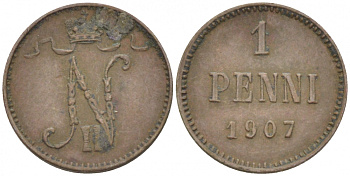 РОССИЯ ДЛЯ ФИНЛЯНДИИ 1 ПЕННИ 1907 НИКОЛАЙ II KM 13, Биткин 468 медь 4396-1327