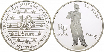 Франция 10 франков = 1 1/2 евро 1996 серия сокровища музеев Европы, игрок на флейте Эдуарда Мане KM 1122 серебро PROOF 05-091-32