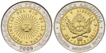 Аргентина 1 песо 2009 майское солнце, 8 эскудо 1813 KM 112.1, CJ 6.16.1, Schon 113  биметалл    60-622