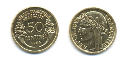 Французская Западная Африка 50 сантимов 1944 редкая KM 1, Lec 1 алюминиевая бронза aUNC 53-1134