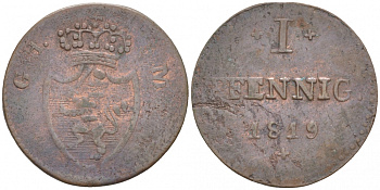 Гессен-Дармштадт 1 пфенниг 1819 GH - SM KM 280 медь 73-639