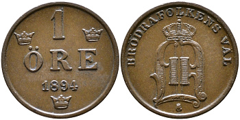 Швеция 1 эре 1894 Оскар II (1872-1907) король Швеции и Норвегии KM 750 бронза 176-857