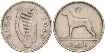 Ирландия 6 пенсов 1942 мрландский волкодав, собака KM 13а медно-никель 4561-1251