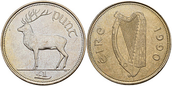 Ирландия 1 фунт 1990 Олень KM 27 медно-никель 4140-416