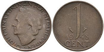 Нидерланды 1 цент 1948 Вильгельмина (1890-1948), год тип KM 175 бронза  4174-536