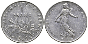 ФРАНЦИЯ 1 ФРАНК 1960 СЕЯТЕЛЬ KM 925.1, LE FRANC 226.4 никель 3999-1043