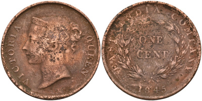 Стрейтс-Сетлментс 1 цент 1845 Виктория (1837-1901), Ост-Индская компания KM 3 медь 4590-135