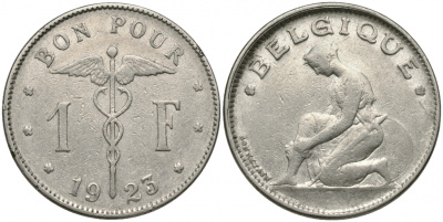 Бельгия 1 франк 1923 Belgique, Альберт I (1909-1934) KM 89 никель 51-1927