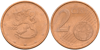 Финляндия 2 евроцента 2000  KM 99 сталь плакированная медью  UNC  4564-361