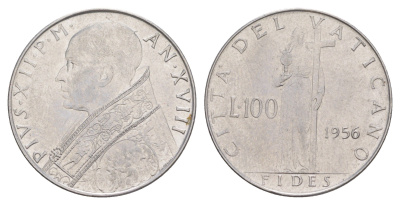 Ватикан 100 лир 1956 Пий XII KM 55 нержавеющая сталь UNC 4648-133
