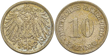 ГЕРМАНИЯ 10 ПФЕННИГОВ 1910 D KM 12, J. 13, Weege 8 медно-никель 212-127