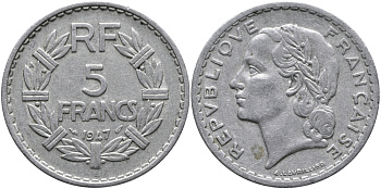 Франция 5 франков 1947 B, открытая 9, тип Лаврийе KM 888b.2, Le Franc 339.11 алюминий 4607-1031
