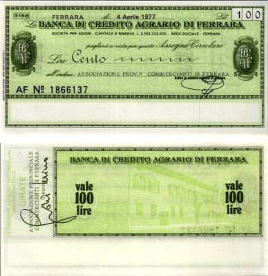 Италия 100 лир 1977 4 апреля 1977 Banca Di credito agrario Di ferrara бумага UNC (пресс) 7222-77-3-2