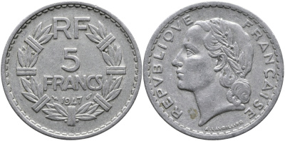 Франция 5 франков 1947 B, открытая 9, тип Лаврийе KM 888b.2, Le Franc 339.11 алюминий 4607-1031