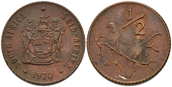 ЮАР 1/2 цента 1970 два капских воробья на ветке KM 81 бронза UNC 66-317