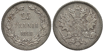 РОССИЯ ДЛЯ ФИНЛЯНДИИ 25 ПЕННИ 1898 L, НИКОЛАЙ II KM 6.2, Биткин 410 серебро 443-825