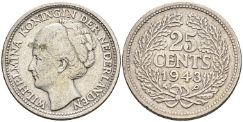 Нидерланды 25 центов 1943 Р, Вильгельмина (1890-1948) KM 164 серебро 94-1031