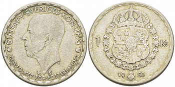 Швеция 1 крона 1950 TS, Густав VI Адольф (1950-1973) KM 814 серебро 175-1123