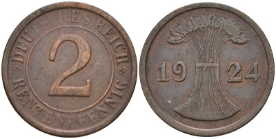 Германия 2 рентенпфеннига 1924 A KM 31, J. 307 бронза 4147-1241