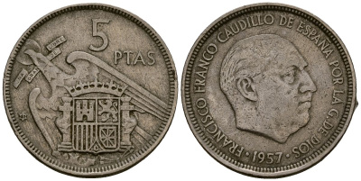 Испания 5 песет 1957 Франсиско Франко (1939 - 1975) KM 786 медно-никель 4177-855