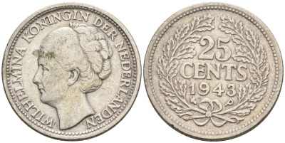 Нидерланды 25 центов 1943 Р, Вильгельмина (1890-1948) KM 164 серебро 94-1031