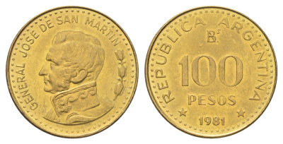 Аргентина 100 песо 1981 KM 85a сталь плакированная латунью UNC 4662-744