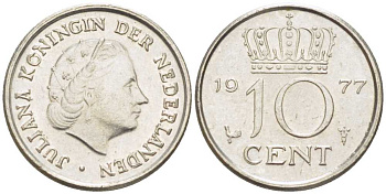 НИДЕРЛАНДЫ 10 ЦЕНТОВ 1977 ЮЛИАНА (1948-1980) KM 182 никель 211-1228