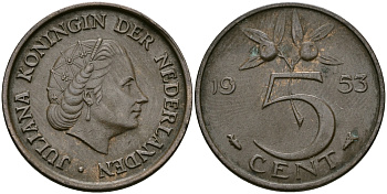 Нидерланды 5 центов 1953 Юлиана (1948-1980) KM 181 бронза 95-255