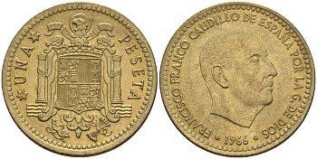 Испания 1 песета 1966 (75) Франсиско Франко (1939-1975) KM 796 алюминиевая бронза 4604-422