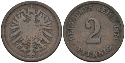 Германия 2 пфеннига 1874 А, старогербовка KM 2, J. 2 медь 4573-1226