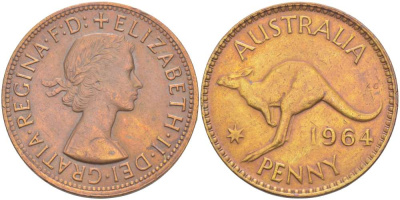 АВСТРАЛИЯ 1 ПЕННИ 1964 m, ЕЛИЗАВЕТА II (1953-), КЕНГУРУ KM 56 бронза 4521-113