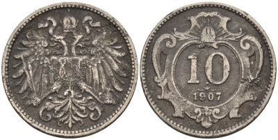 Австрия 10 геллеров 1907 Франц Иосиф I (1848-1916) KM 2802 никель 4585-134
