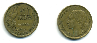 ФРАНЦИЯ 20 ФРАНКОВ 1953 4 ПЕРА KM 917.1 алюминиевая бронза 84-831