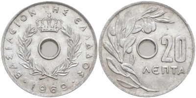 Греция 20 лепта 1966 Константин II (1964-1974), оливковая ветвь KM 79 алюминий 23-1051