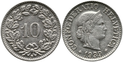 Швейцария 10 раппенов 1939 B KM 27b никель     4539-437